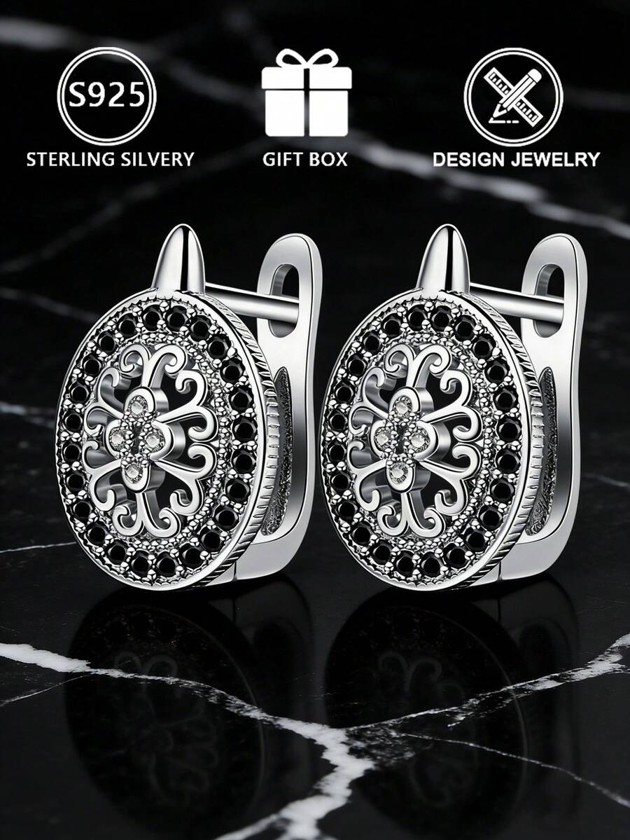 1 đôi bông tai nữ bằng bạc Sterling S925, họa tiết hoa cổ điển, đính toàn bộ kim cương đen hình bầu dục, hộp quà tặng, thích hợp làm quà sinh nhật cho bạn gái/bạn thân, phong cách retro sang trọng, trang sức đeo hàng ngày/hẹn hò. - Bạc - Xem 1