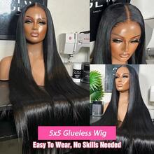 5英寸x5英寸蕾丝闭合假发，34英寸，即戴即用，巴西雷米真发，13英寸x4英寸蕾丝前假发（女士款），预先拔毛，长款深波浪蕾丝前假发，真人发混纺，无需胶水，蕾丝闭合，无胶假发，自然黑色，适合万圣节、圣诞派对及各种场合，是送给女性的绝佳礼物。 - 自然色&黑色系 - 查看 4