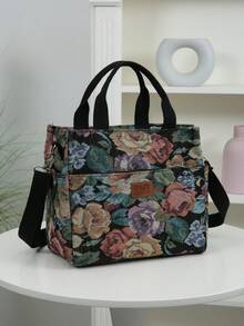 Sản phẩm mới, chất liệu vải jacquard dày dặn, họa tiết hoa, túi xách tay, túi đeo vai, túi đeo chéo, túi mua sắm tiện dụng cho công sở, trường học, hoạt động ngoài trời, du lịch, sử dụng hàng ngày. Có thêm dây đeo điều chỉnh được, dung tích lớn, nhiều ngăn. - màu đen - Xem 11