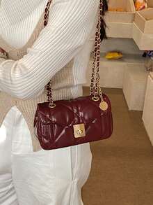 Fashion Classic Joker Solid Color PuWaterproof Fabric, Diamond Lattice SplicingDesign Chain Square Bag, Twist Lock OpeningAnd Closing Design, Burgundy Bag Ls SuitableFor Traveling And Shopping, Commuting ToWork, And Attending Parties - Burgundy - View 4
