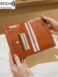 Simple Fashion Oil-Waxed Leather Letter Pattern RFID Blocking Passport Holder Multifunction Portable Travel Wallet Passport Clip Ticket Clip Bank Card Bag Zippered Pocket For Men And Women For Travel Flight Go Abroad For Business, Vacation Accessories For Holiday Season - Multicolor - View 3