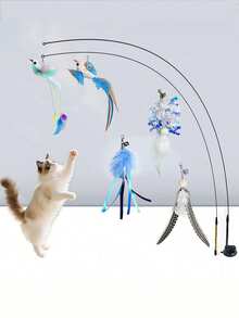 1/3pcs Feather Cat Teaser Wand With Powerful Suction Cup, Strong Suction, Pet Feather Bell Replacement, Firmly Attached To Floor, Interactive Cat Toy, Suitable For Indoor Play And Exercise, No Battery Required - Blue - View 4