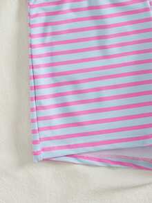 新款女士黑白条纹印花挂脖系带比基尼套装，搭配紧身低腰泳裤 - 粉色 - 查看 10