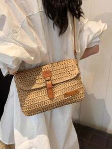 Vintage Fashion Large Capacity Woven Tote Bag, Beach Vacation Straw Shoulder Crossbody Bag - 卡其色 - 查看 5
