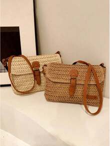 Vintage Fashion Large Capacity Woven Tote Bag, Beach Vacation Straw Shoulder Crossbody Bag - 卡其色 - 查看 2