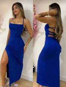 Side Slit Dress With Ribbed Knit, Open Back / Backless Design, Zigzag Side Opening. - 藍色 - 查看 2