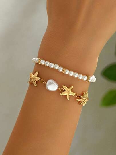 Set de 2 pulseras hechas a mano con cuentas, decoradas con perlas falsas, estrellas de mar y palmeras, adecuadas para uso diario y citas en la playa de las mujeres
