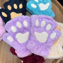 1 双可爱猫爪露指手套，加厚保暖，毛绒材质，适合女孩冬季日常佩戴，带绳，蓬松猫爪手套，温暖毛茸茸露指手套 - 可爱动物爪印半指手套，适合女性/女孩角色扮演，柔软人造毛皮保暖手套，万圣节圣诞节礼物（多种颜色） - 彩色 - 查看 14