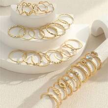 28pcs Gold Tone Stacking Rings Set - Heart, Star, Rhinestone, Wave Designs, Suitable For Women Everyday Jewelry Wear - 28-piece Set - View 3