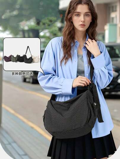 Black Plaid Casual Shoulder Bag For Women, Foldable, Adjustable Strap, Suitable For Daily Use, School, College, Simple & Cute, Multi-Pocket, Drawstring, Nylon Fabric