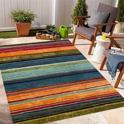 1 件 850 克/平方米金色菱形天鹅绒地毯，采用压花底背和简约波西米亚风格的彩虹条纹图案，为客厅、书房、入口和室内空间增添现代艺术气息。