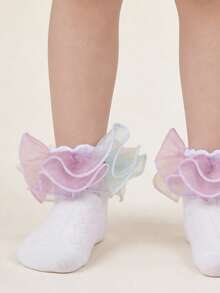 1 Pair Cotton Children's Lace Trim Short Socks, Fluffy Lace Mesh Girls' Lace Trim Socks, Cute Princess Dance Socks - White - View 4