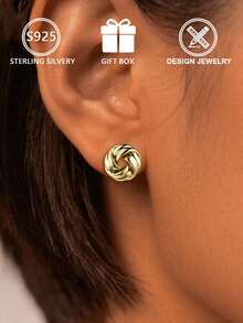 1pc S925 Sterling Silver Braided Stud Earrings, Minimalist 3D Woven Design, Gift Box, Suitable For Women's Daily Commute Outfit, Great Gift For Girlfriend - Gold - View 8
