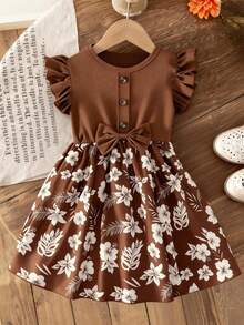 女童甜美公主连衣裙，咖啡色罗纹短袖，喇叭袖设计，前襟纽扣装饰，蝴蝶结腰带，印花喇叭裙摆，适合生日及日常穿着 - 咖啡棕 - 查看 6