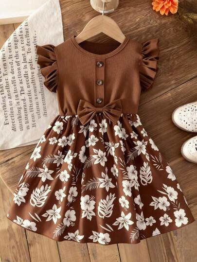 Girls' Sweet Princess Dress, Coffee Ribbed Cap Sleeve, Flared Sleeve Design, Front Button Decor, Bow Waist, Floral Print Flared Skirt, Versatile For Birthday & Daily Wear, Summer