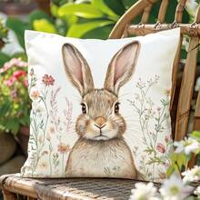 1pc Spring Easter Bunny In Floral Decorative Pillow Cover, Single-Sided Printed Peach Velvet Polyester, 45*45CM/18*18inch Cushion Cover For Room Decor, Modern Minimalist Sofa Living Room Decor Gift - Multicolor - View 9