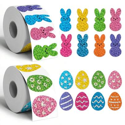 500pcs/Roll Easter Bunny Stickers Roll, 3cm/1.2inch Holographic Rabbit Stickers, Egg Stickers In 8 Colors, Shiny Self-Adhesive Sealing Stickers For Envelopes, Gifts, Decorations, Birthday, Holiday Party Supplies