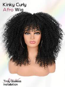 18 Inch Afro Curly Wigs For Women Afro Bomb Curly Wig With Bangs Synthetic Fiber Glueless Long Kinky Curly Hair Black - Màu đen tự nhiên - Xem 2
