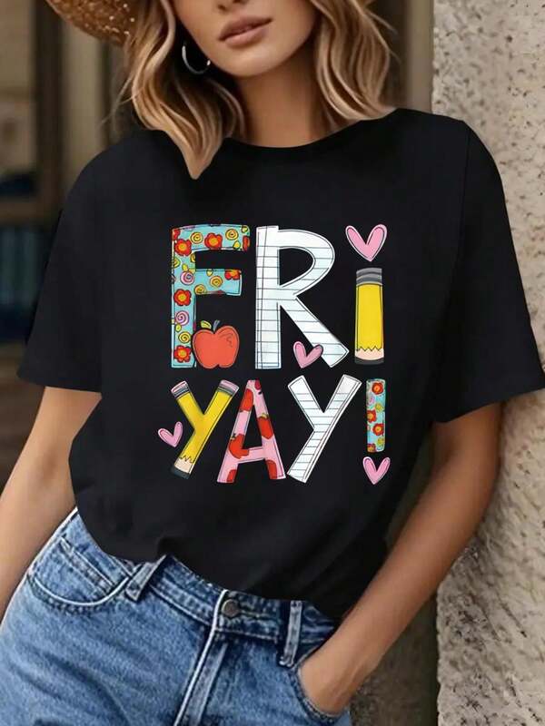 Women's Casual 'Happy Friday' Graphic T-Shirt - Floral And Icon Design, Stretch Polyester Crew Neck Short Sleeve Top, Back To School Outfit & Summer Wear, Teacher Themed T-Shirt, Fun Text Print, Comfortable Style