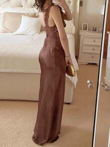 Robe d'été sexy pour femmes en dentelle marron dos nu, robe de soirée longue à ourlet de sirène pour concert, robe de soirée élégante en tricot transparent - Tabac - Voir 5