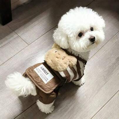 1 pieza Pantalón con peto forrado de felpa cálido a rayas para otoño/invierno, ropa para mascotas, abrigo grueso y suave acolchado para perro, disfraz de osito/panda para cachorros, mantiene el calor durante el invierno