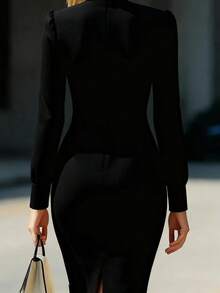 Women's Suit Dress Simple Solid Color Elegant And Fresh Urban Commuter Banquet Party High Neck Long Sleeve Slim And Fit Suit Dress - 黑色 - 查看 3