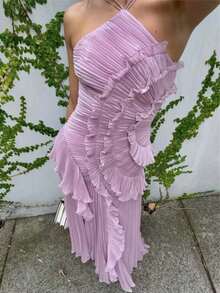 Women Ruffle Hem Pleated Sheer Mesh Long Maxi Dress Sleeveless Halter Neck Irregular Tiered Flowy Long Maxi Dresses For Wedding Guest Summer Holiday Beachwear - Màu tím - Xem 2