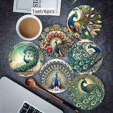 6pcs Peacock Wood Coasters - Non-Slip, Heat-Resistant, Suitable For Beverages And Coffee - Ideal For Gatherings, Office, Kitchen, Country Yard, New Home Decor - Holiday Gift, 6pcs/Set, 1800pcs/300sets - Multicolor - View 6
