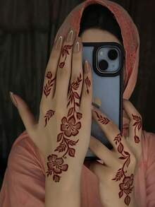 3pcs Red-Brown Leaf Flower Temporary Waterproof Tattoo Stickers, Fashionable Realistic Water Transfer Tattoo Stickers, Women Hand/Foot/Body Art, Suitable For Festivals, Weddings, Gifts And Daily Wear - Brown - View 3