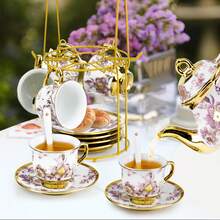 20-Piece Floral Porcelain Tea Set With Serving Tray - Elegant Purple Teapot (15oz) & Matching Tea Cups (3oz) With Saucers, Complete Afternoon Tea Party Collection For Adults, Home Decor, Hostess & Holiday Gift,Valentine's Day Gifts Christmas Gifts - 紫色 - 查看 6