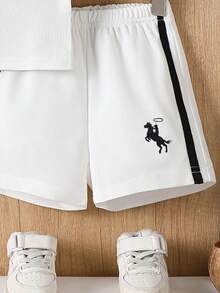 2pcs Toddler Boys' Gentleman Style Outfit, White Collar Sleeveless Top With Black Striped Decorative Shorts, Embroidered Pattern, Loose Fit, Comfortable, Summer - White - View 5