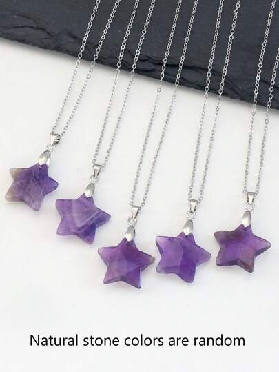 天然紫水晶星形项链，可爱五芒星天然水晶吊坠不锈钢项链，能量平衡天然宝石，颜色随机