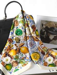 1条女士休闲柠檬印花围巾/头巾，春夏时尚发饰，非常适合海滩派对、假日度假和音乐节。