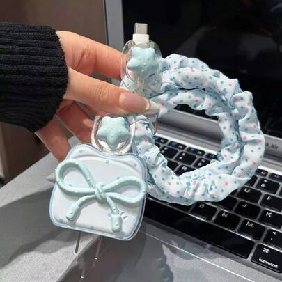 Mesh Rhinestone Gradient Polka Dot Blue Cord Cat Bite Data Line Protector Suitable For 20W Fast Charger Adapter, Protective Case Compatible With IPhone 13/14/15 Charger, 12 Earphone Cable, IPad, Anti-Breaking Mesh Butterfly Data Line Protector