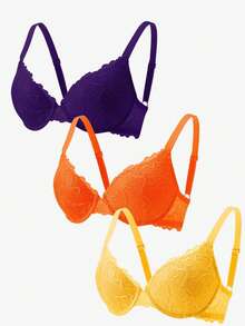 3pcs/Set Multicolor Lace Eyelash Sexy Push-Up Underwire Bra - Multicolor - View 4