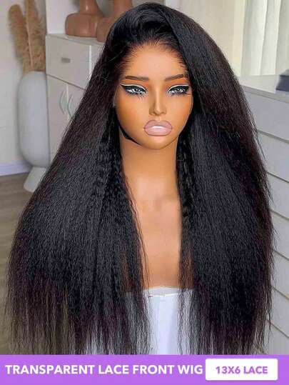 13x6 Transparent Lace Front Wig 200% Density Kinky Straight Wigs Long Black Color Yaki Straight Wigs 8-30 Inch Long Yaki Straight Human Hair Wig With Baby Hair Extra Big Parting Space Can Be Freely Designed According To The Mood Natural Looking For Women Natural Black