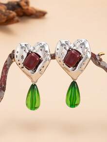 1 Pair Luxury Resin Teardrop Gemstone Earrings, Vintage Creative Exaggerated Metal Heart Stud Earrings, Charming Fashion Jewelry For Women - Heart-shaped Earrings - View 9