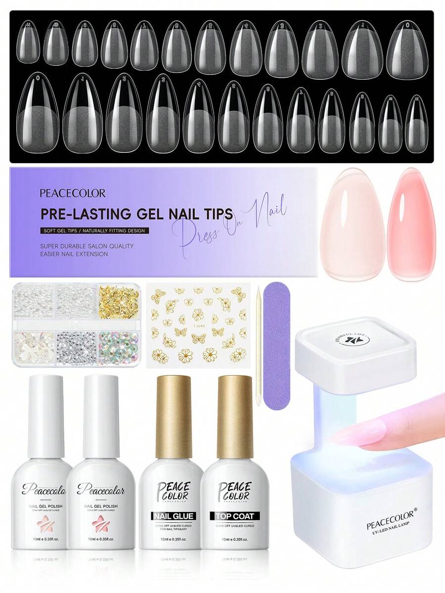 peacecolor Bộ 11 món decal dán móng tay - 240 miếng dán móng tay phủ kín toàn bộ móng (ngắn, vừa, hình hạnh nhân), 10ml keo dán móng, sơn móng tay dạng gel, đèn làm mềm móng, dụng cụ chăm sóc móng không gây đau, thích hợp cho phụ nữ tự làm móng tại nhà, quà tặng cho salon làm móng.