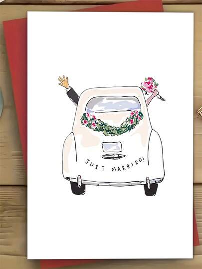 1pc Just Married Funny Wedding Congratulations Card With Classic Car Illustration - Universal Greeting Card For Bride And Groom, Cartoon Animals Theme, Paper Material