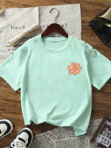 1pc Tropical Print Pullover Short Sleeve T-Shirt For Tween Girls, Comfortable & Fashionable Summer Top For Young Students - Mint Green - View 4