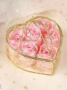 1pc Heart-Shaped Box With Artificial Rose Flowers, Wedding/Housewarming/Birthday Gift - Multicolor - View 7