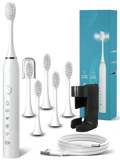 1pc Black Electric Toothbrush, 6 Replaceable Brush Heads, 1 Wall Mount Holder, 1 Dust Cover, IPX7 Waterproof, 5 Cleaning Modes, Long Battery Life, USB Rechargeable Adult Electric Toothbrush