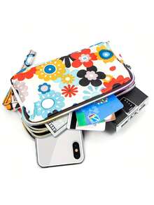 1个时尚印花大容量女士手拿包，带3层拉链隔层和可拆卸腕带 - 耐用印花尼龙材质，适合旅行、日常使用，可装手机、化妆刷、口红、美容工具、化妆品旅行包、拉链零钱包、多功能卡包，女士日常手提包，满足您的外出和日常需求。 - 彩色 - 查看 3