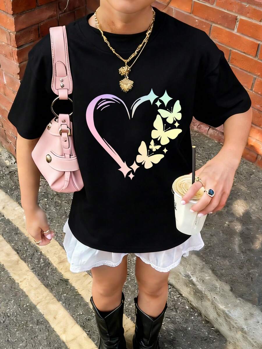 1件少女爱心印花休闲基础款短袖T恤,舒适、时尚、创意、清爽、别致的日常穿着上衣 - 黑色 - 查看 1