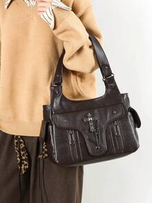 1件复古大容量手提包，复古PU单肩斜挎包，女士休闲托特包兼钱包 - 咖啡棕 - 查看 10