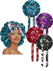 4件套女士睡眠帽 - 纯色缎面光滑帽身,印花弹力抽绳设计,舒适透气,适合睡眠和日常佩戴,休闲护发睡帽 - B - 查看 12