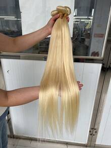 BINF Extensiones de cabello humano recto dorado #613, 100% cabello virgen brasileño auténtico, 1 paquete, 10-30 pulgadas, para uso diario y fiestas - S613 - Ver 6