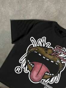 EMCGICC Y2k, TRUST NO BITGH EVER, Fun Patterns, Men's Summer Short Sleeved Pure Cotton Comfortable And Breathable Outdoor Street Round Neck T-Shirt, High-Quality Fashion Brand, A Surprise Gift For Family And Friends. - 黑色 - 查看 4