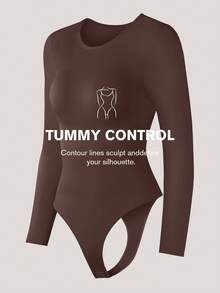 2pcs Women Seamless Black Round Neck Long Sleeve Thermal Jumpsuit, Sexy Shapewear Tummy Control Jumpsuit, Waist Trainer Shaper - Multicolor - View 8