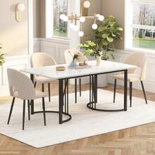 Tavolo da pranzo 140 x 80 cm (1 pezzo), tavolo da cucina moderno, struttura in metallo, tavolo rettangolare con piano in marmo moderno, piedini regolabili, ideale per la sala da pranzo o il soggiorno, bianco/nero - Bianco - Visualizzare 2